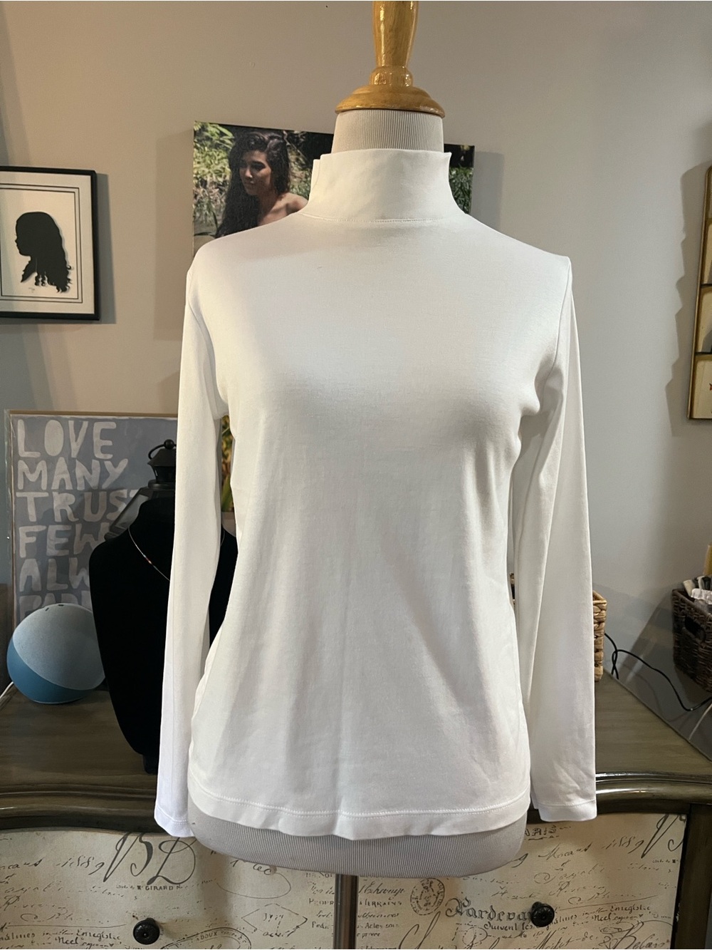 LL BEAN Y2K SUPIMA COTTON LONG SLEEVE MOCK NECK SHIRT WHITE SIZE SMALL